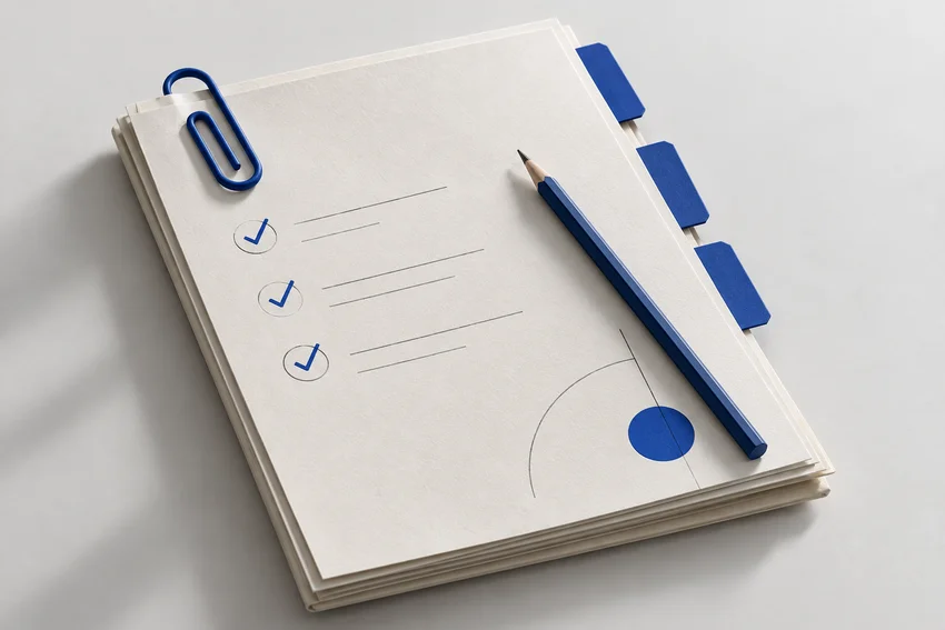 An ivory briefing document with a blue paperclip and pencil.