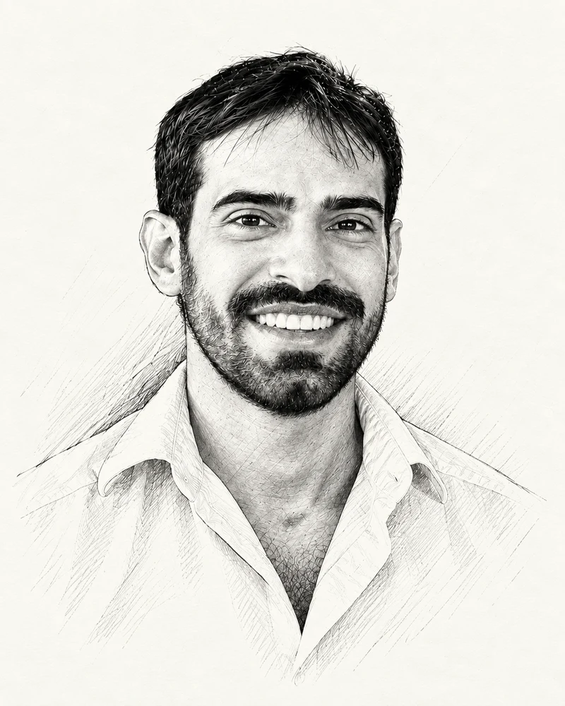 Illustrated portrait of Bruno Pedroso.