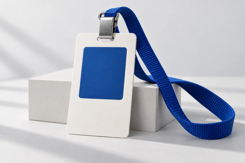 An employee badge with a cobalt blue lanyard.