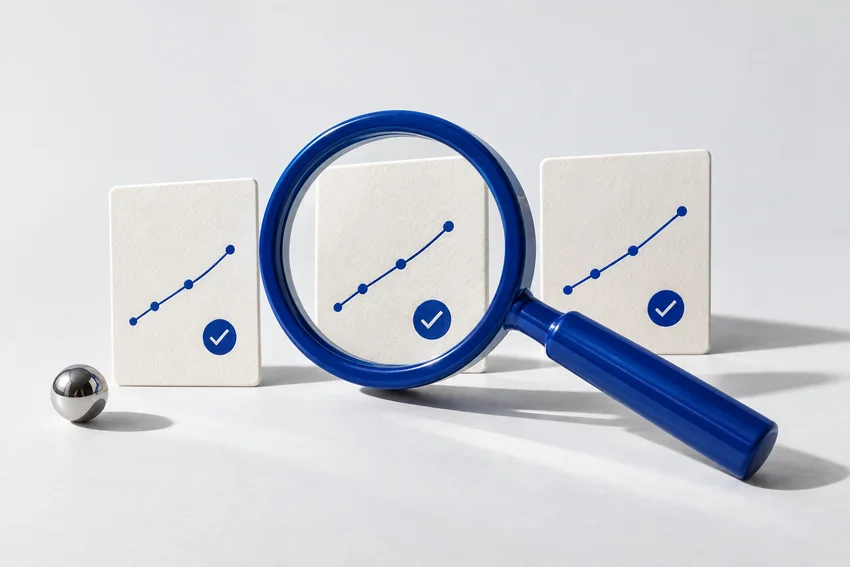 A blue magnifying glass reviewing work and progress.